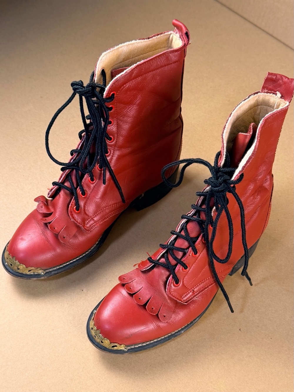 Vintage 70s Laredo Red Frill Toe Lace Up Leather Cowboy Boots Heel Women 6.5 - Picture 2 of 9